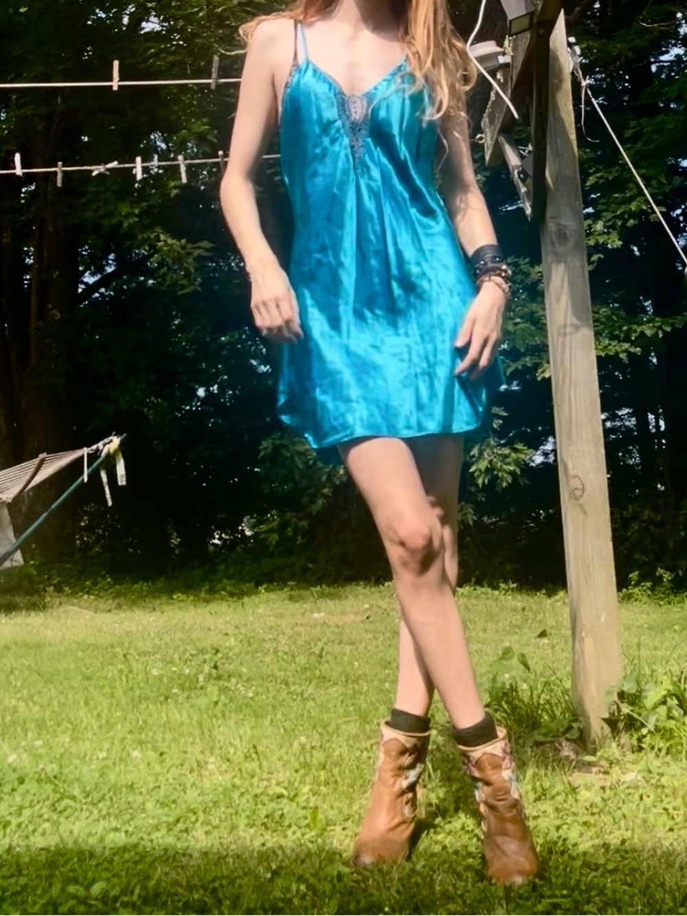 Vintage Bright Blue Silky Chemise Slip